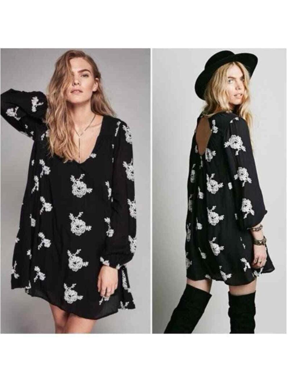 Free People Black and White Floral Long Sleeve Dress